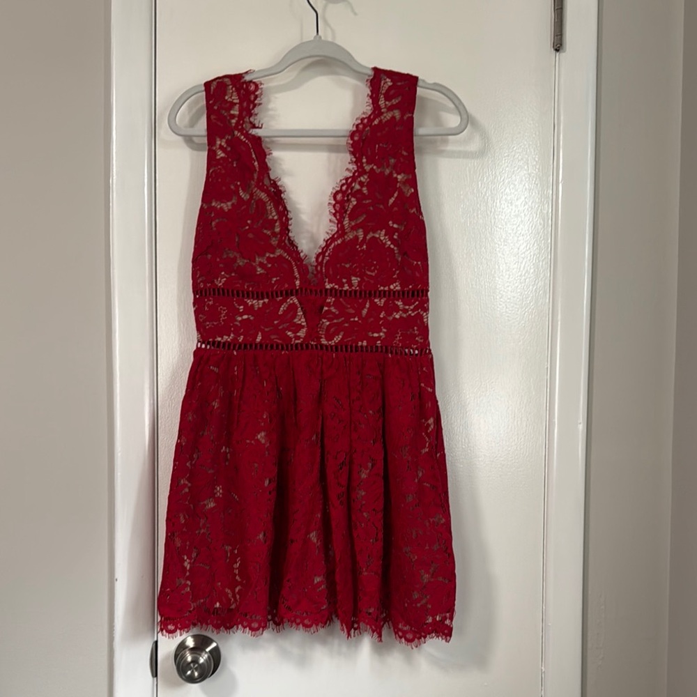 Tobi Red Plunge Neck Sleeveless A-line Mini Dress